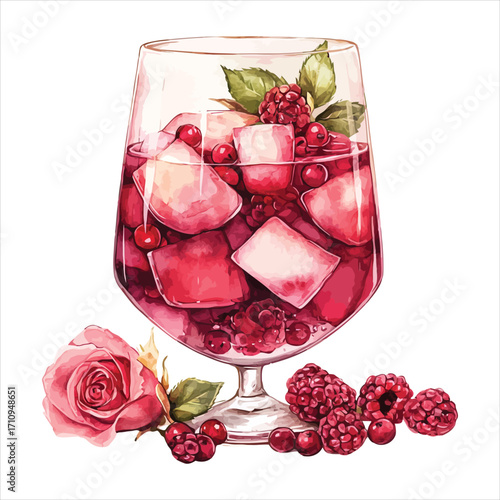 Watercolor cocktail with ice, berries, and a pink rose on white background drink beverage
