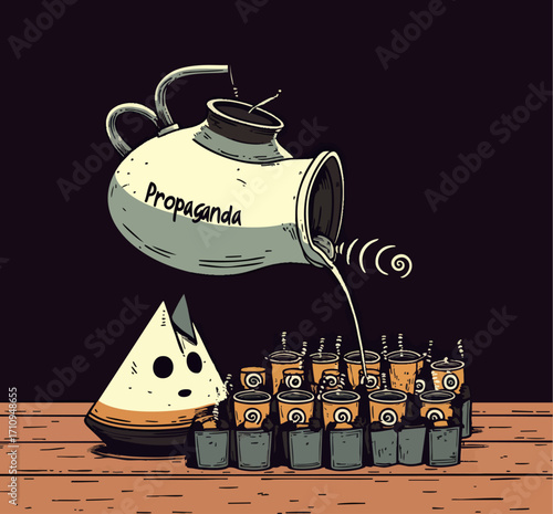 Surreal Concept Art of Propaganda Teapot Pouring Into Crowd of Cups, Social Influence and Media Manipulation Illustration