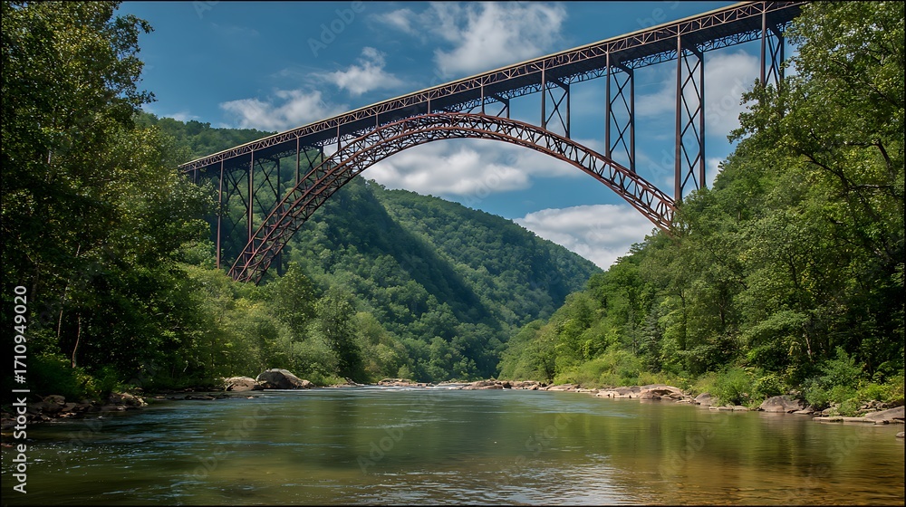 Obraz premium Steel arch bridge spanning a river.