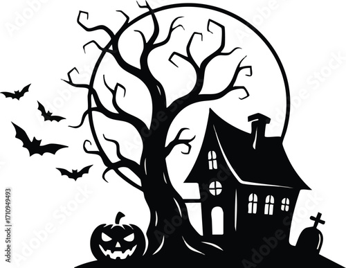 Illustration of spooky halloween night scene with haunted house isolated on white background