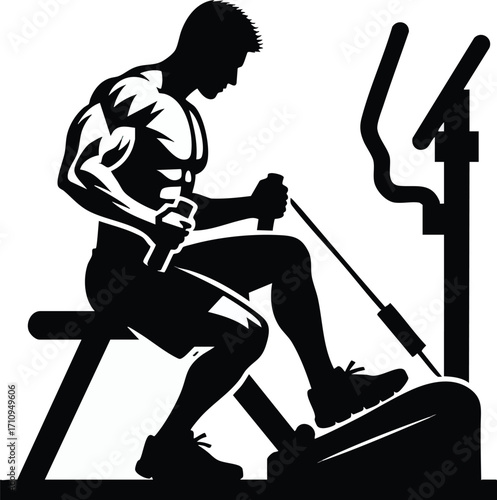 Illustration of man doing exercise on machine isolated on white background in silhouette style