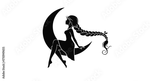 Illustration of silhouette of a woman sitting on the moon isolated on white background