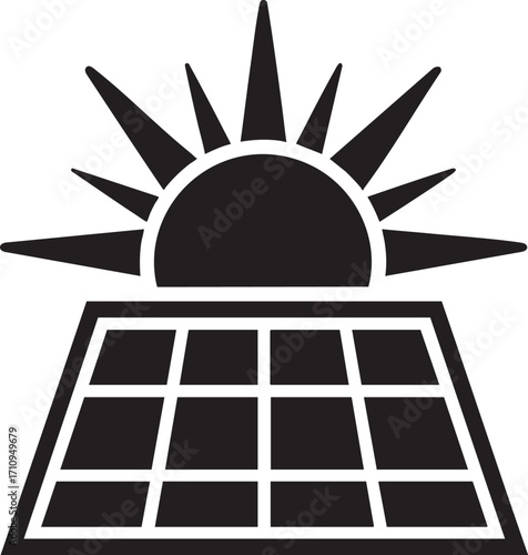 Illustration of solar panel and sun icon isolated on white background for renewable energy