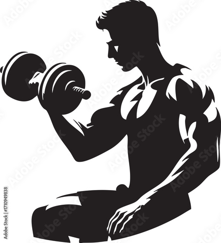 Illustration of muscular man lifting dumbbell isolated on white background in silhouette style