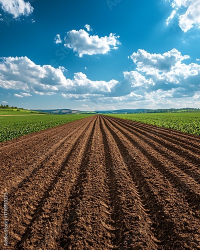 Scenic farmland landscape with tilled soil rows high resolution picture