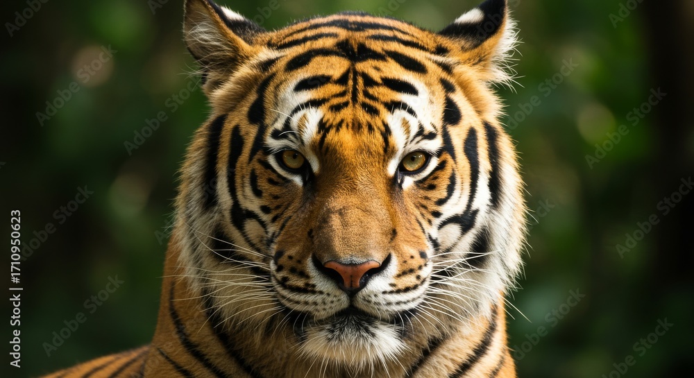 Fototapeta premium Bengal tiger staring directly at the camera in a lush jungle 