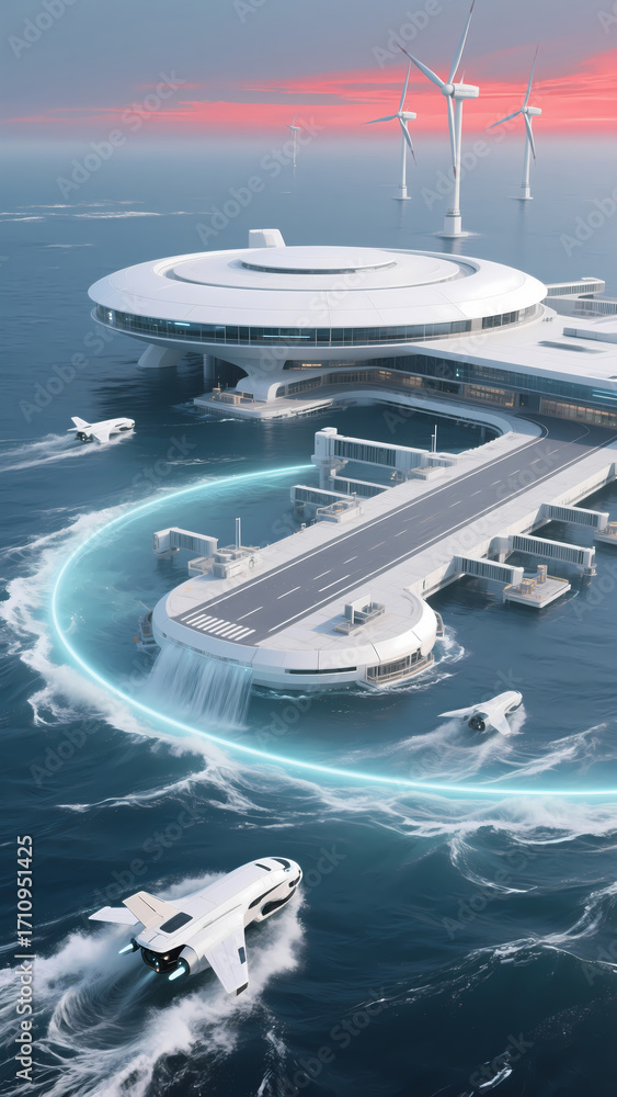 Fototapeta premium A futuristic sea-based transportation hub featuring advanced vehicles and wind turbines, showcasing innovative and sustainable transportation technology.
