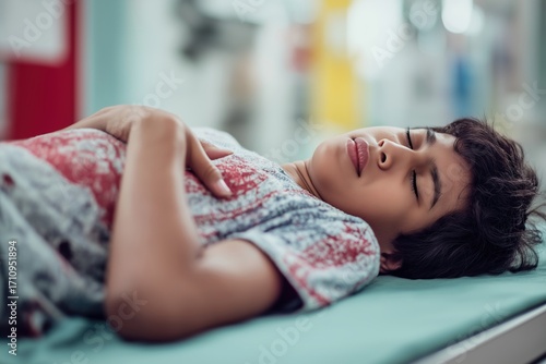 Sick child with a serious heart problem resting on a hospital examination bed