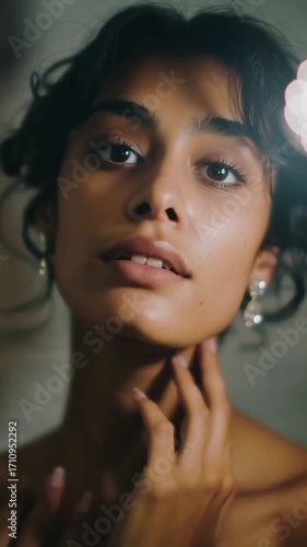 Close-up of a young elegant woman putting on sparkling diamond earrings in front of a softly lit mirror, luxurious minimal background 
