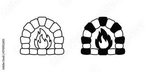 Stone Fireplace Vector. Cozy Winter Fire Clipart, Rustic Fireplace with Fire. Hand-Drawn Illustration
