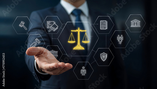 Lawyer presenting a network of legal icons and scales of justice in a digital interface