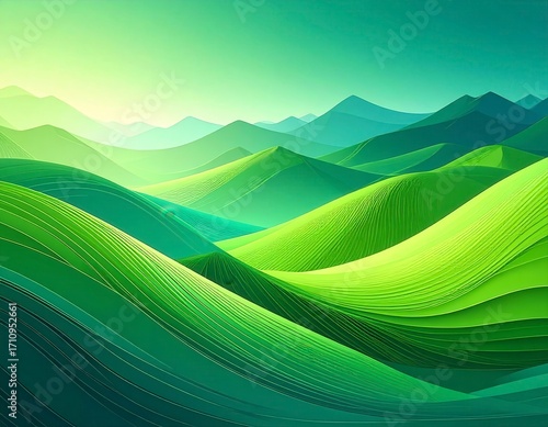 Abstract Green Digital Mountains. Generative Image