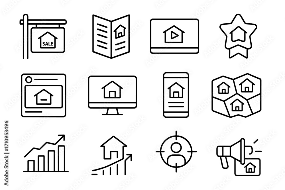 Fototapeta premium Real Estate Marketing Icons. Line style icons of real estate marketing: listing sign, brochure icon, video tour, featured listing