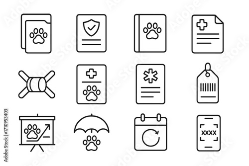 Pet Insurance Icons. Line style icons of pet insurance and records: file with paw, insurance policy icon, health logbook, document