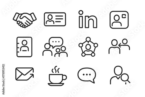 Networking Line Icons. Line style icons of networking and connection: handshake, business card, LinkedIn icon, video call; contact