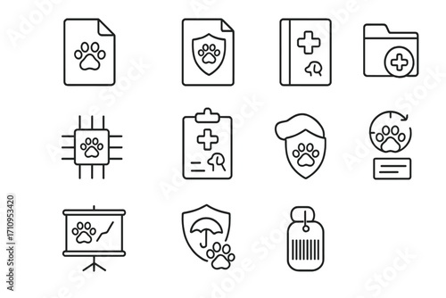 Pet Insurance Icons. Line style icons of pet insurance and records: file with paw, insurance policy icon, health logbook, document