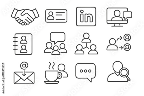 Networking Line Icons. Line style icons of networking and connection: handshake, business card, LinkedIn icon, video call; contact