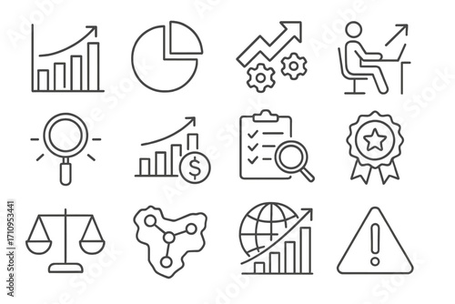 Job Market Icons. Line style icons of job market trends: rising bar chart, sector pie chart, industry arrow, remote work trend;