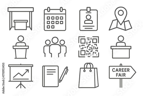 Job Fair Icons. Line style icons of job fairs and events: booth icon, event calendar, badge with name, location map; speaker icon,