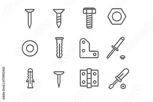Hardware Line Icons. Line style icons of fasteners and hardware: nails, screws, bolts, nuts; washers, anchors, brackets, rivets;