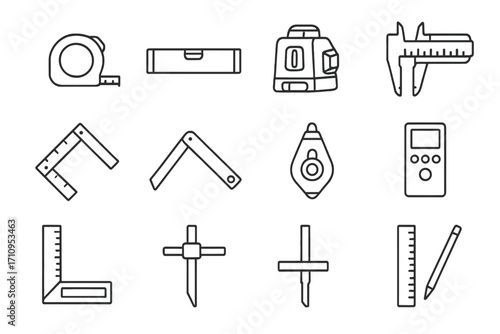 Measuring Tool Icons. Line style icons of measuring tools: tape measure, spirit level, laser level, caliper; folding ruler, angle