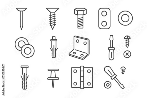 Hardware Line Icons. Line style icons of fasteners and hardware: nails, screws, bolts, nuts; washers, anchors, brackets, rivets;
