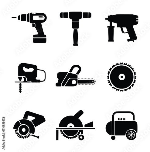 Collection of Black Silhouettes of Power Tools and Equipment