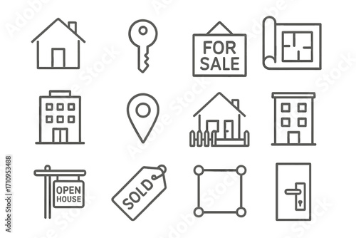 Real Estate Icons. Line style icons of real estate basics: home, key, for sale sign, blueprint; building, location pin, house with