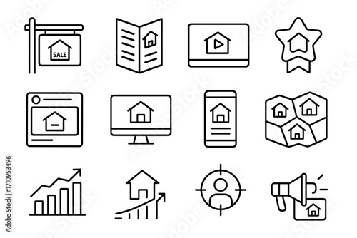 Real Estate Marketing Icons. Line style icons of real estate marketing: listing sign, brochure icon, video tour, featured listing