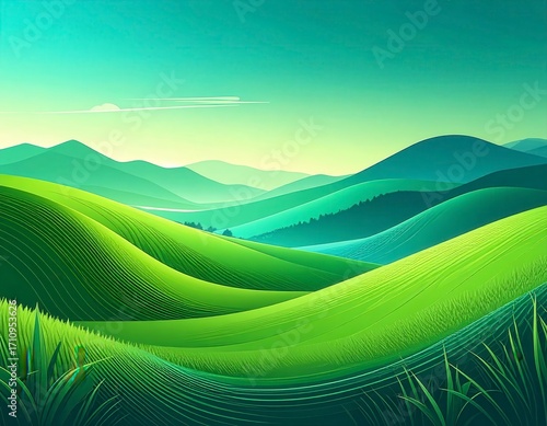 Abstract Green Digital Mountains. Generative Image