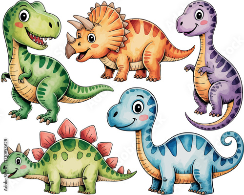 This delightful image presents a collection of five cute, friendly dinosaurs, including a T-Rex, Triceratops, Brontosaurus, Stegosaurus, and another long-necked dinosaur