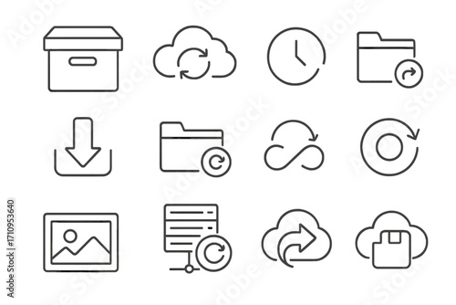 Data Backup Icons. Line style icons of data backup: archive box, cloud with refresh icon, history clock, incremental backup;