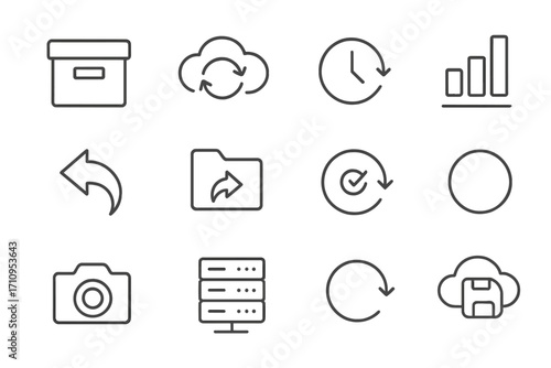 Data Backup Icons. Line style icons of data backup: archive box, cloud with refresh icon, history clock, incremental backup;