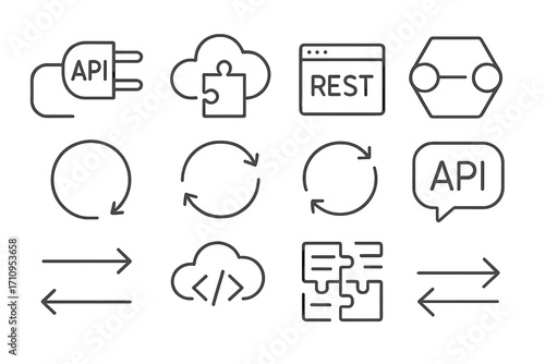 Line Style API Icons. Line style icons of API and cloud integrations: API plug, puzzle cloud icon, data connector, webhook symbol;