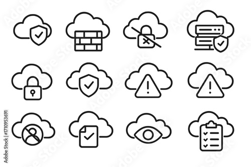 Cloud Security Icons. Line style icons of cloud security: cloud with shield, cloud firewall, encrypted cloud, secure server icon;