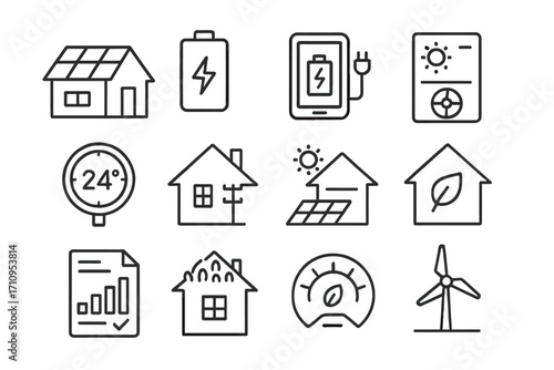Home Renewable Icons. Line style icons of home renewable setup: rooftop panel, home battery, charge monitor, inverter box; smart
