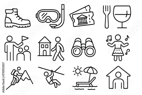 Travel Activity Icons. Line style icons of travel activities: hiking boots, snorkeling gear, museum ticket, food tasting; guided