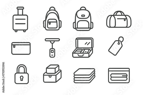 Travel Icons Collection. Line style icons of luggage and packing: rolling suitcase, carry-on bag, backpack icon, duffle bag;