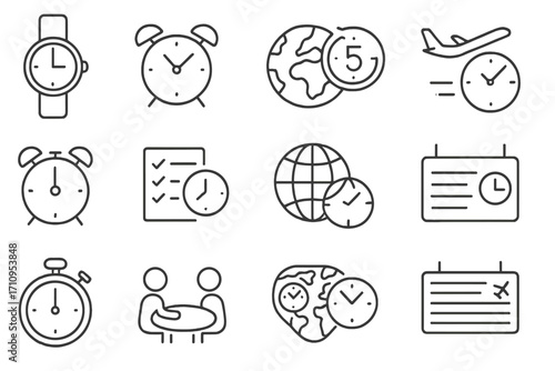 Time and Scheduling Icons. Line style icons of time and scheduling: wristwatch, travel clock, timezone map, flight countdown;