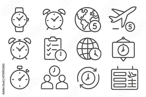 Time and Scheduling Icons. Line style icons of time and scheduling: wristwatch, travel clock, timezone map, flight countdown;