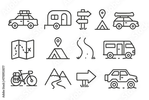 Travel Icons Collection. Line style icons of travel to campsite: car with roof rack, RV camper, trail marker sign, canoe on car;