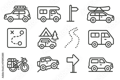 Travel Icons Collection. Line style icons of travel to campsite: car with roof rack, RV camper, trail marker sign, canoe on car;