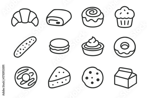 Line Icons of Treats. Line style icons of café treats: croissant, pain au chocolat, cinnamon roll, muffin; biscotti, macaroon,