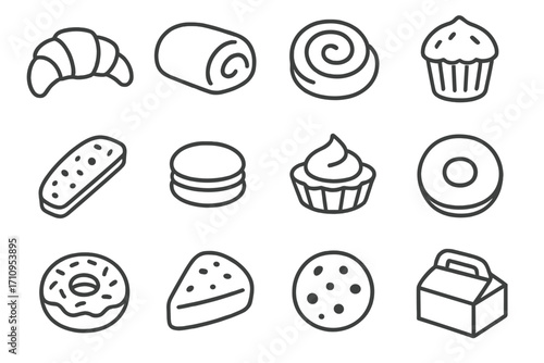 Line Icons of Treats. Line style icons of café treats: croissant, pain au chocolat, cinnamon roll, muffin; biscotti, macaroon,