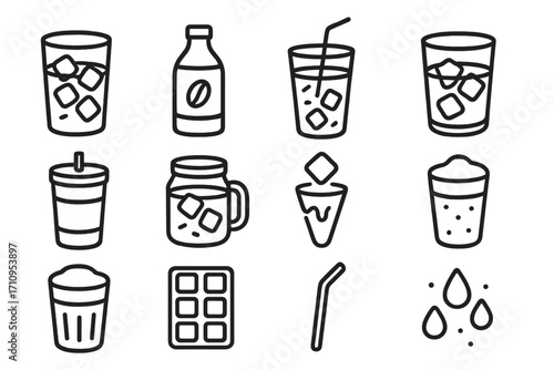 Cold Coffee Icons. Line style icons of cold coffee options: iced coffee, cold brew bottle, coffee with straw, glass with ice cubes