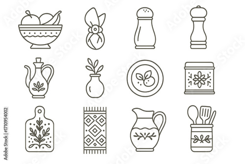 Kitchen Iconography. Line style icons of decorative kitchen items: fruit bowl, napkin ring, salt shaker, pepper mill; oil