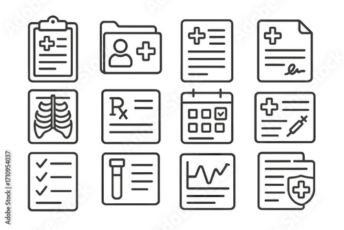 Healthcare Document Icons. Line style icons of healthcare documents: clipboard, patient file, medical report, consent form; x-ray
