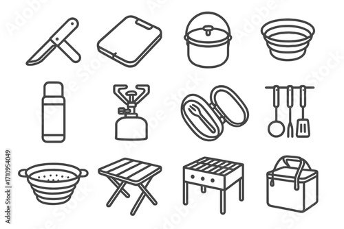 Outdoor Kitchen Icons. Line style icons of outdoor kitchen tools: picnic knife, folding cutting board, camp pot, travel bowl;