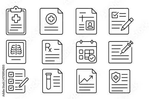 Healthcare Document Icons. Line style icons of healthcare documents: clipboard, patient file, medical report, consent form; x-ray