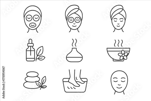 Spa Icons Essentials. Line style icons of spa and pampering: facial mask, cucumber eyes, towel wrap, essential oil; aroma diffuser